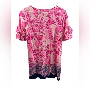 Lilly Pulitzer Girl XL 12-14 Dress Pink Floral Flamingo Ruffle Short Sleeve EUC